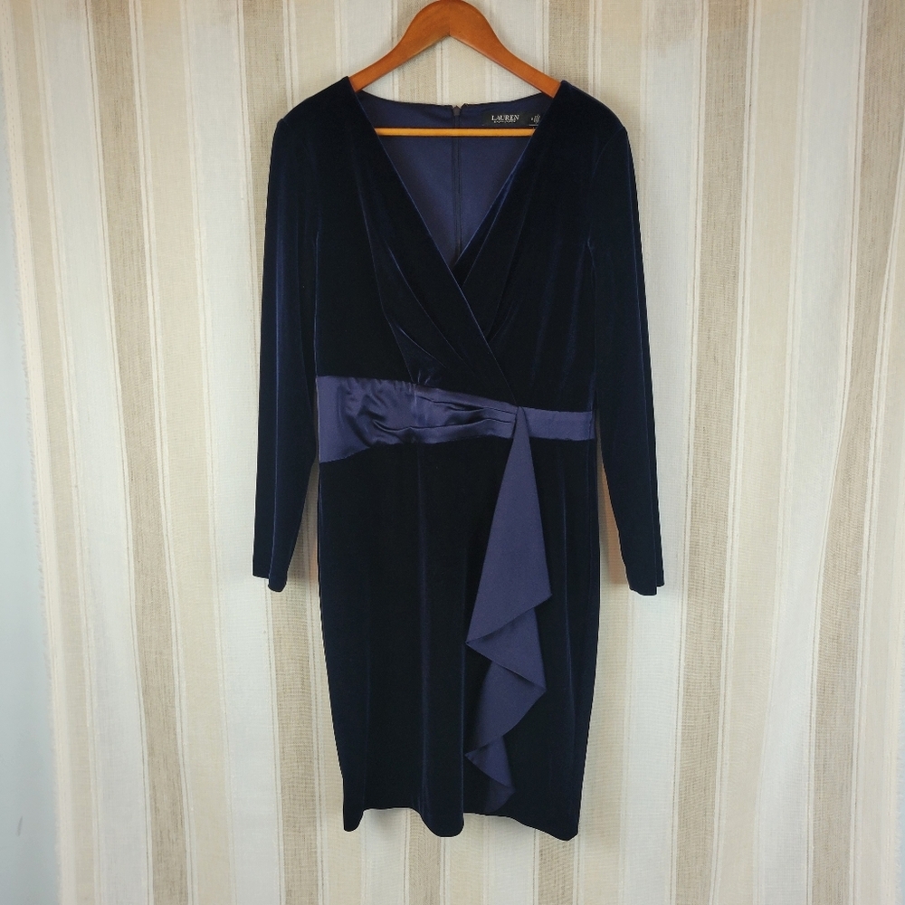New Lauren Ralph Lauren Velvet Midi Dress Navy Blue Size 12
